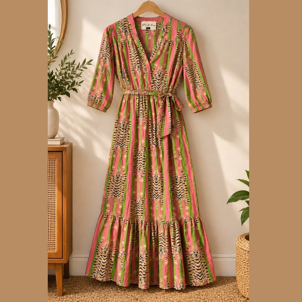 Fox & Hen Pink Green Tiger Stripe Maxi Dress Boho Tiered Belted Lily Size L